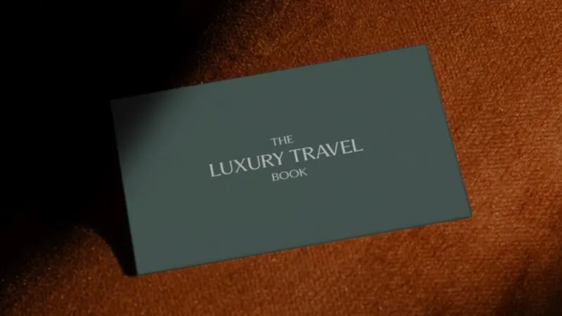 Dark olive green Business card with the luxury travel book logo in the middle, placed ontop of burned orange couch