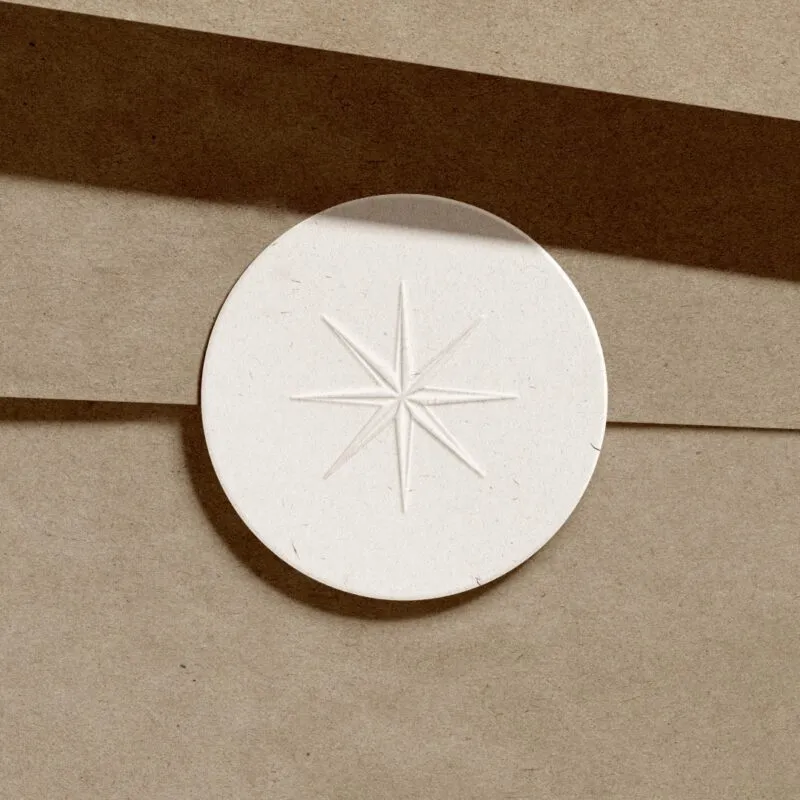 The marque of Luxury Travel Book in the shape of an elegant compass is embossed in the surface of off-white paper stamp decorating a luxurious brown envelope, adding a touch of lavishness.